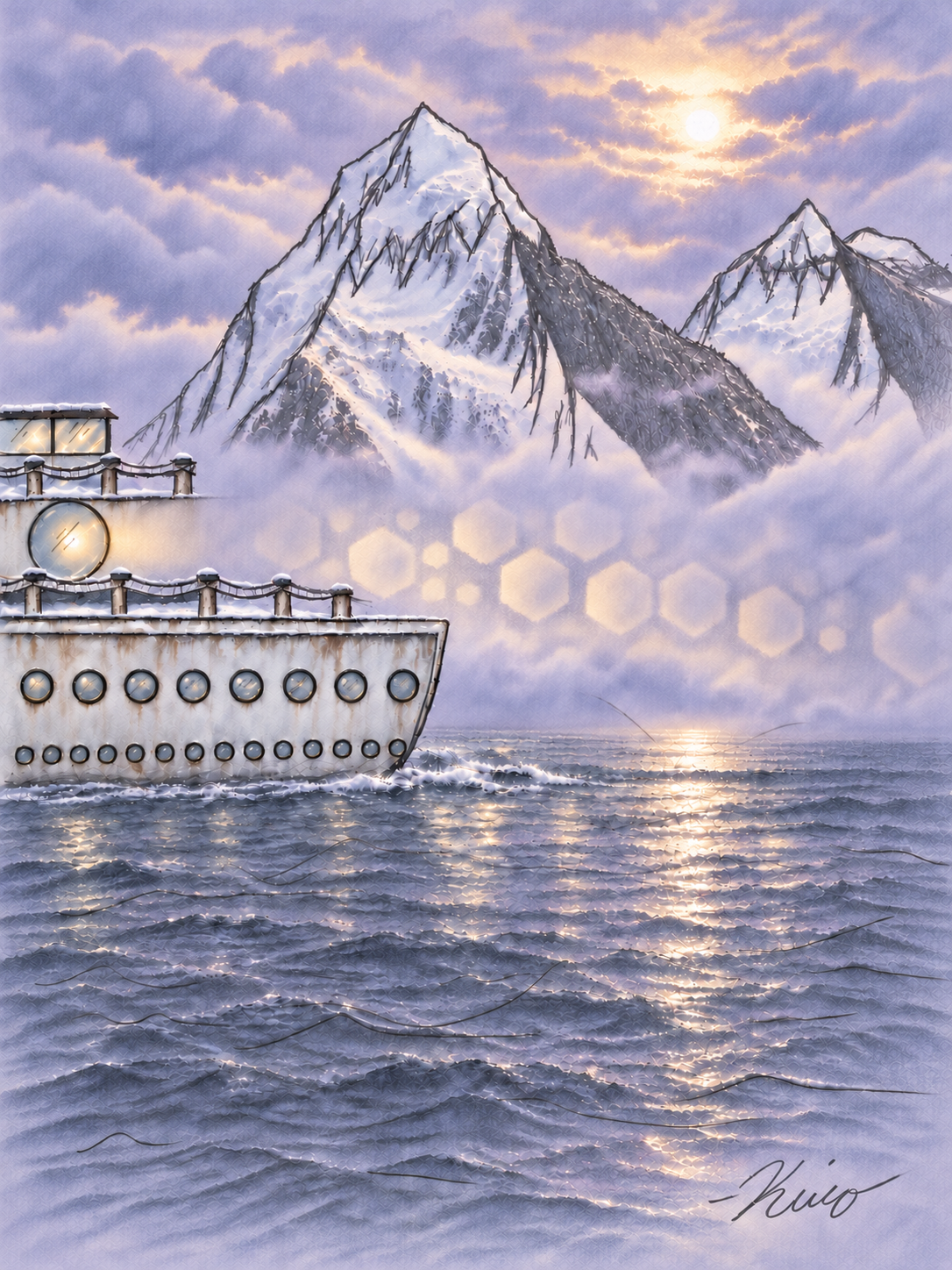 Alleys and Glaciers artwork: a vessel beneath mountains with a soft hexagonal beam of light