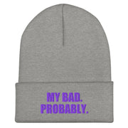 My Bad. Probably. Embroidered Cuffed Beanie, Heather Grey, front product view 2