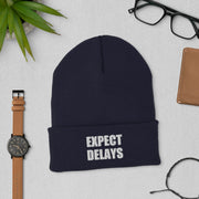 Expect Delays Embroidered Cuffed Beanie, Navy, front product view 1