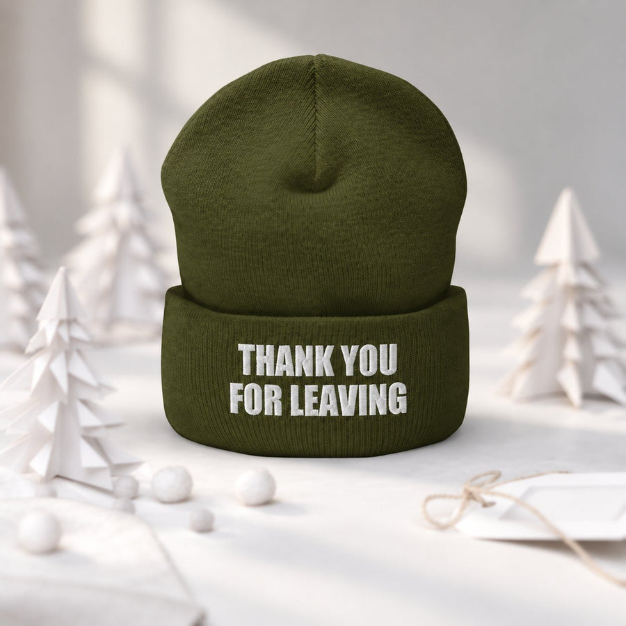 Thank You for Leaving Olive beanie with white embroidery and softly blurred paper trees
