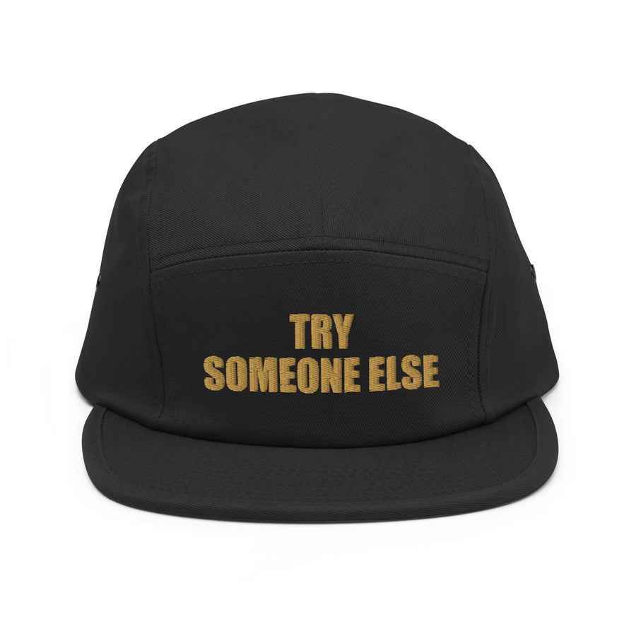 Try Someone Else Embroidered Cap, Black, front view; official Printful mockup