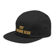Try Someone Else Embroidered Cap, Black, left front view; official Printful mockup