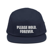 Please Hold. Forever. Embroidered Cap, Navy, front view; official Printful mockup
