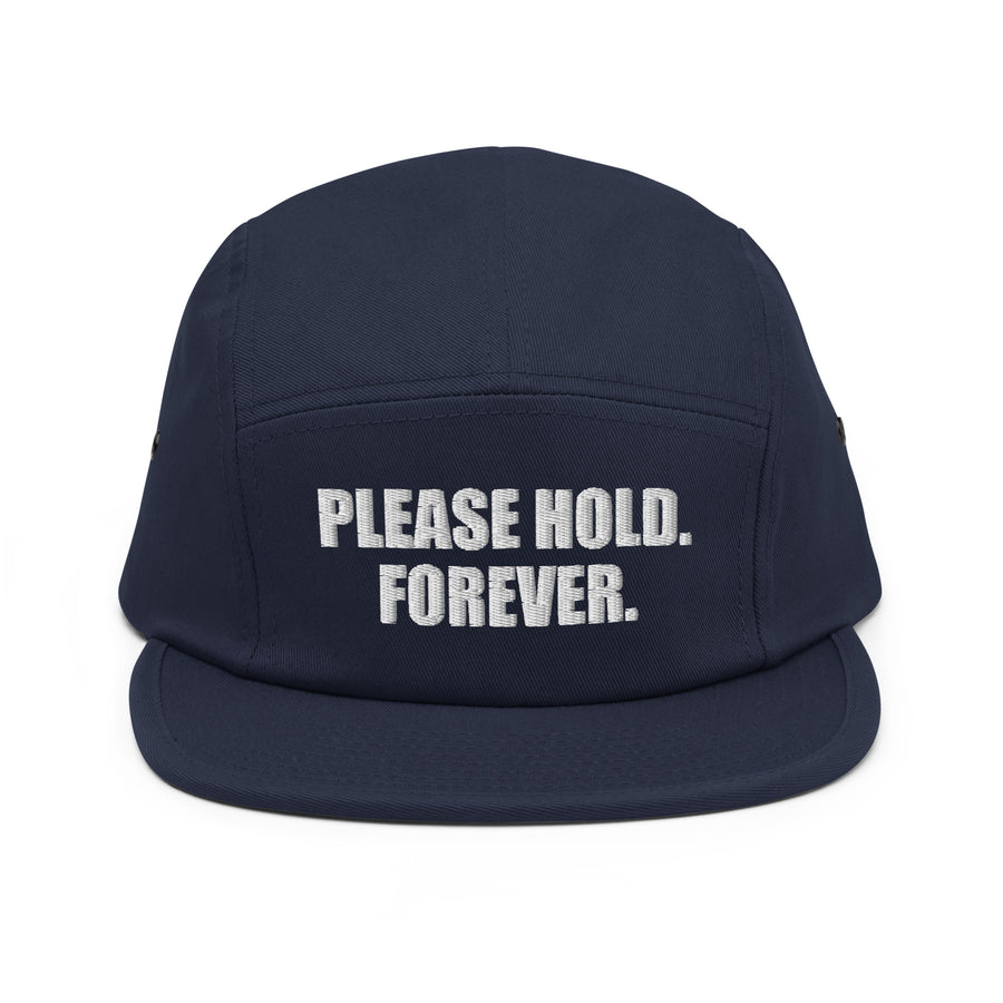 Please Hold. Forever. Embroidered Cap, Navy, front view; official Printful mockup