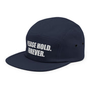 Please Hold. Forever. Embroidered Cap, Navy, left front view; official Printful mockup
