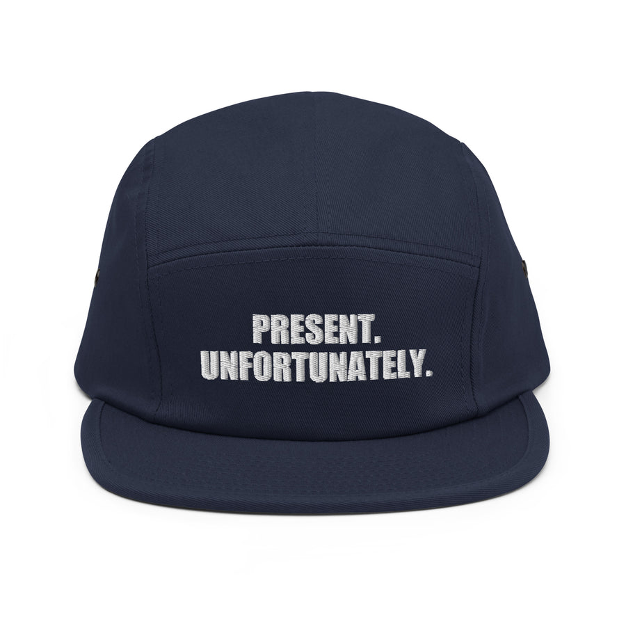Present. Unfortunately. Embroidered Cap, Navy, front view; official Printful mockup