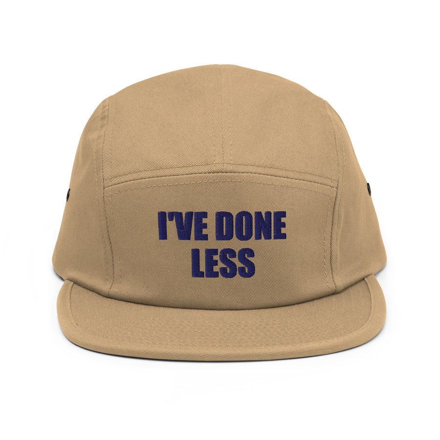 I've Done Less Embroidered Cap, Khaki, front view; official Printful mockup