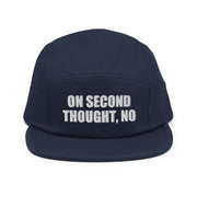 On Second Thought, No Embroidered Cap, Navy, front view; official Printful mockup