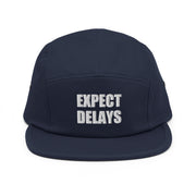 Expect Delays Embroidered Cap, Navy, front view; official Printful mockup