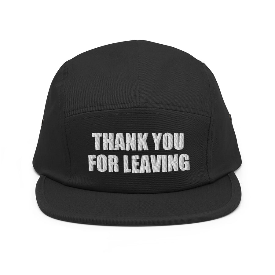 Thank You for Leaving Embroidered Cap, Black, front view; official Printful mockup